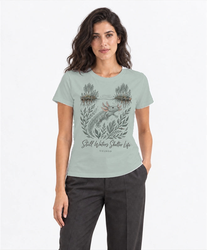 YELSOO women's Still Waters Shelter Life Axolotl Graphic Tee in Soft Teal — front model view