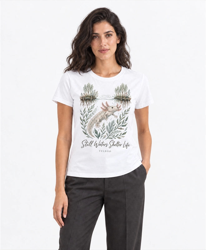 YELSOO women's Still Waters Shelter Life Axolotl Graphic Tee in White — front model view