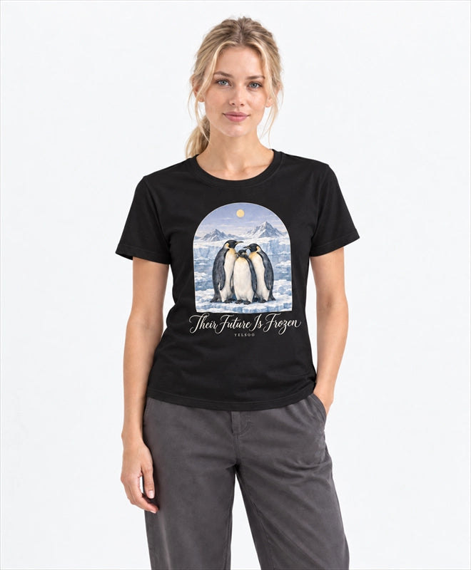 YELSOO women's Their Future is Frozen Emperor Penguin Graphic Tee in Black — front model view