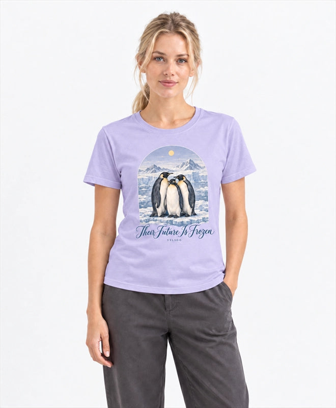 YELSOO women's Their Future is Frozen Emperor Penguin Graphic Tee in Glacier Lilac — front model view