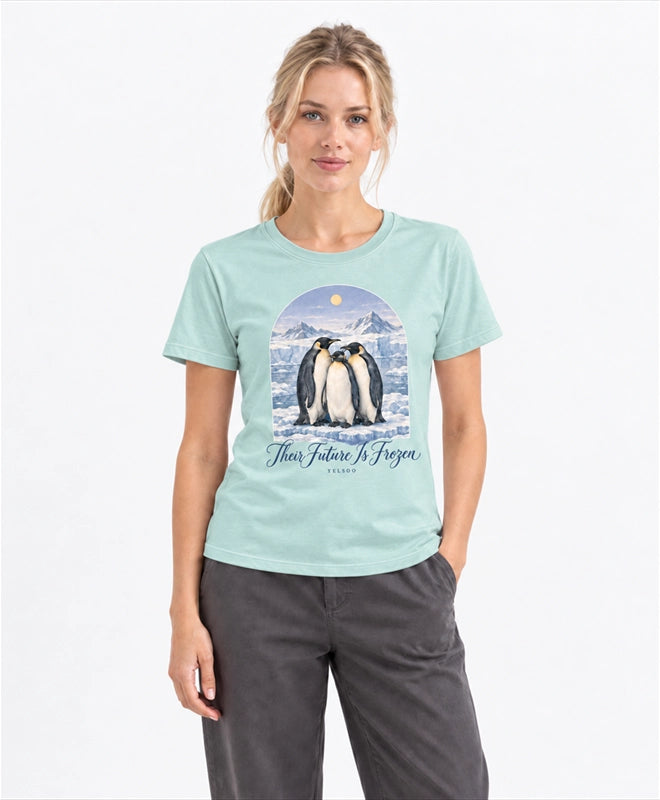 YELSOO women's Their Future is Frozen Emperor Penguin Graphic Tee in Ice Mint — front model view