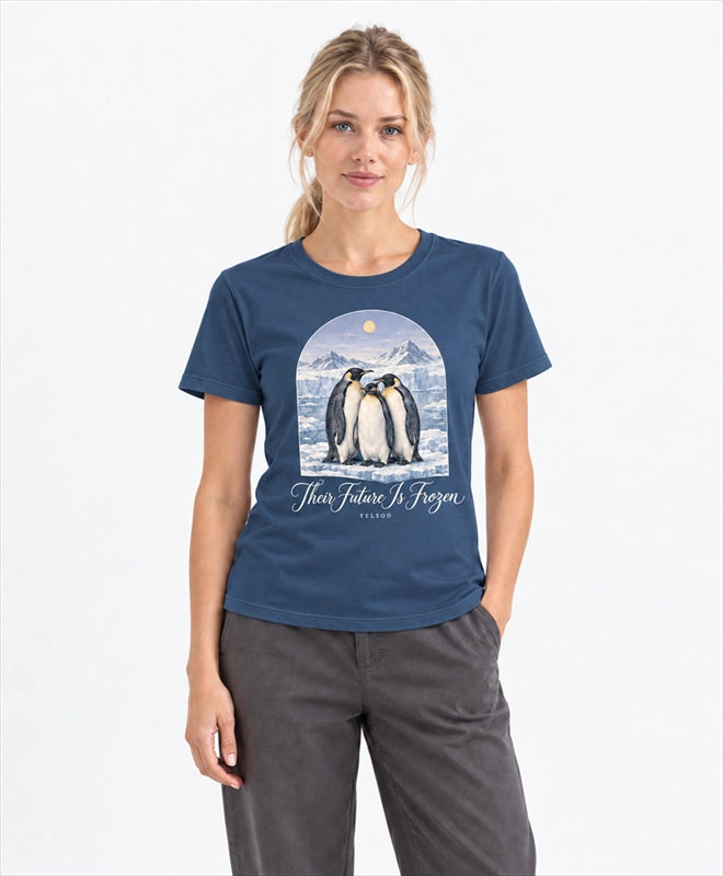 YELSOO women's Their Future is Frozen Emperor Penguin Graphic Tee in Midnight Blue — front model view