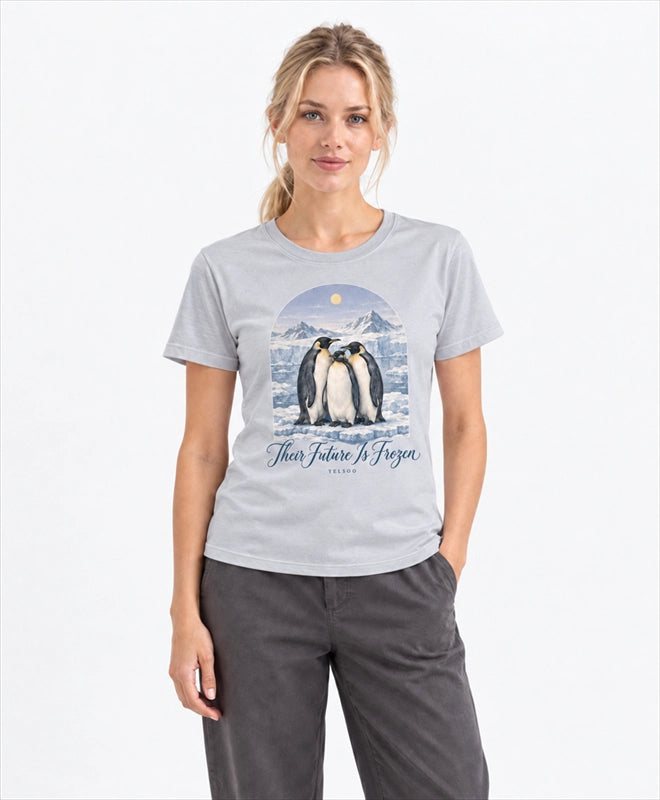 YELSOO women's Their Future is Frozen Emperor Penguin Graphic Tee in Silver Gray — front model view