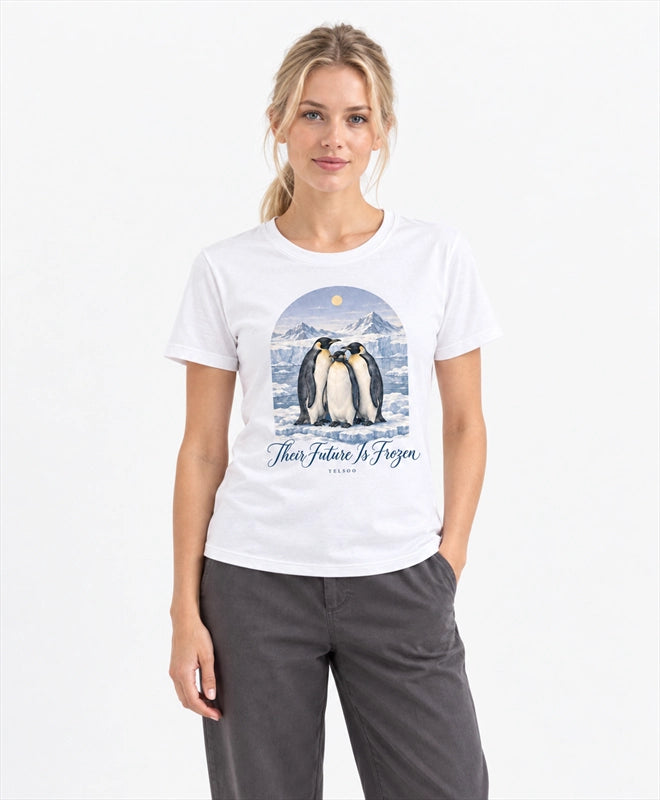 YELSOO women's Their Future is Frozen Emperor Penguin Graphic Tee in White — front model view