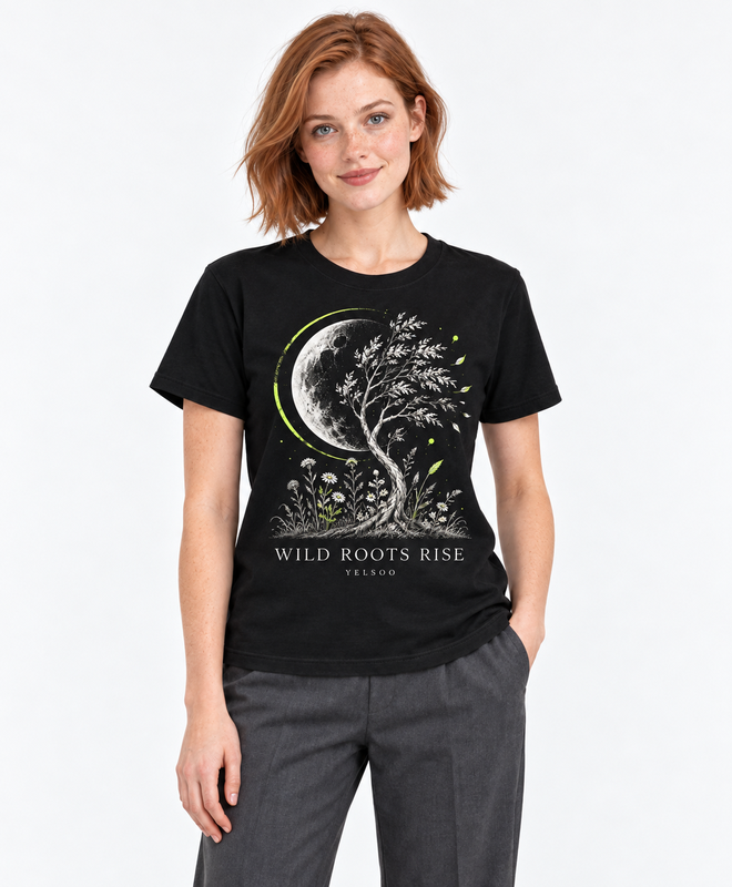 Wild Roots Rise Graphic Tee — women's model, front view