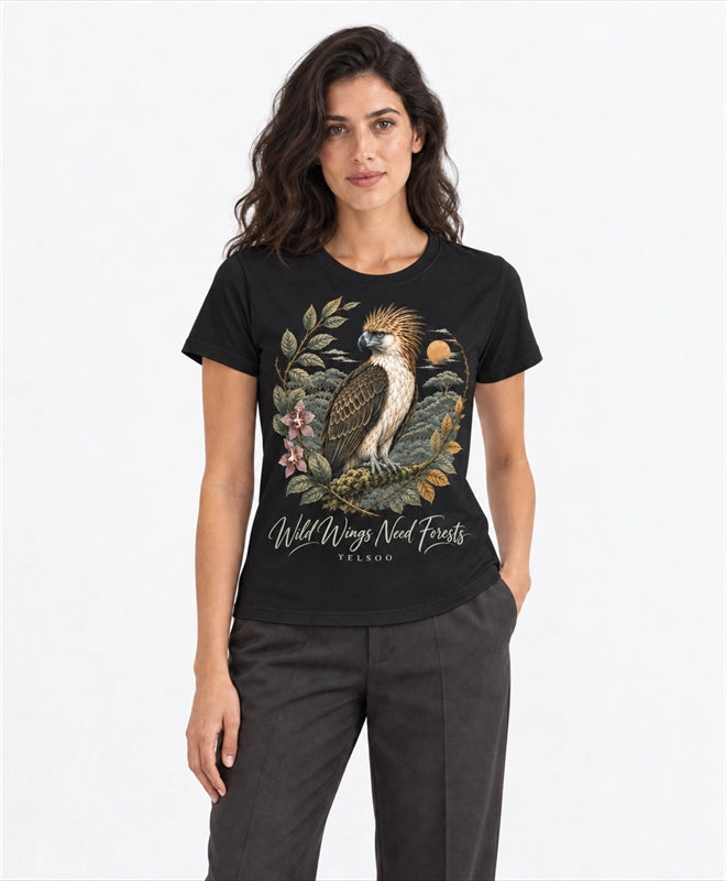 YELSOO women's Wild Wings Need Forests Philippine Eagle Graphic Tee in Black — front model view