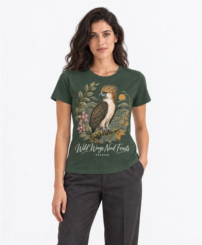 YELSOO women's Wild Wings Need Forests Philippine Eagle Graphic Tee in Forest Green — front model view