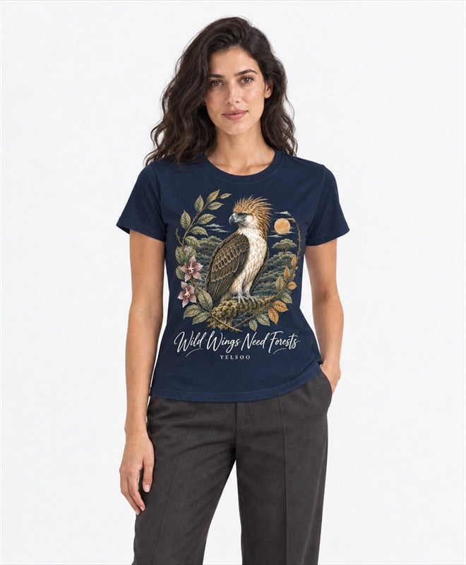 YELSOO women's Wild Wings Need Forests Philippine Eagle Graphic Tee in Navy — front model view