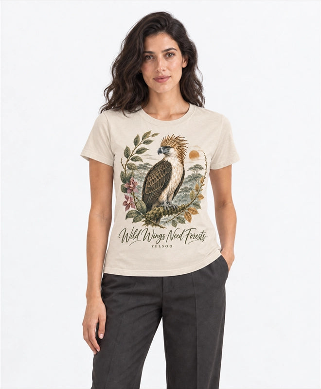 YELSOO women's Wild Wings Need Forests Philippine Eagle Graphic Tee in Sand — front model view
