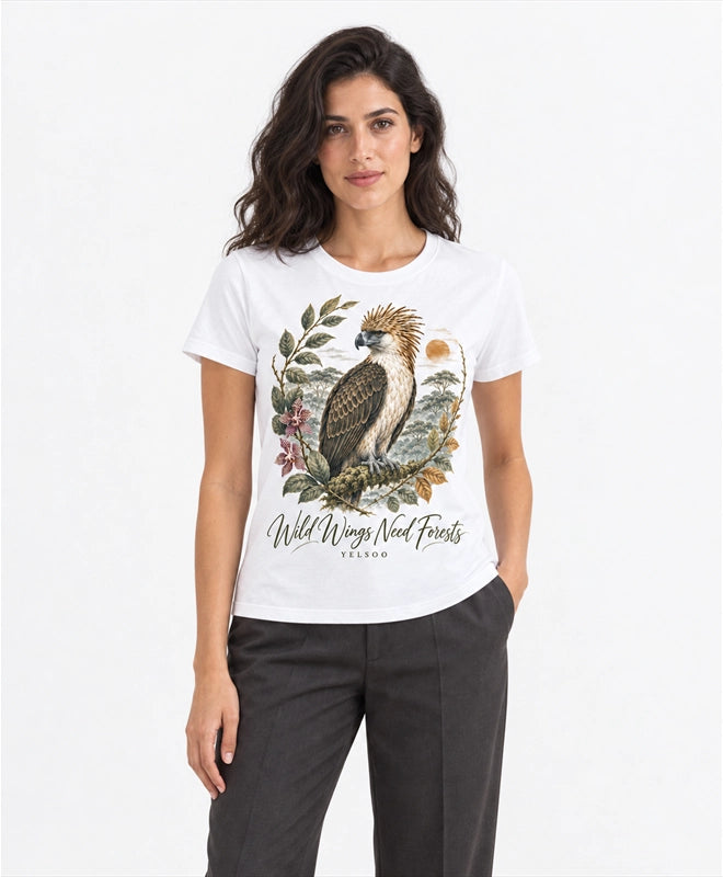 YELSOO women's Wild Wings Need Forests Philippine Eagle Graphic Tee in White — front model view