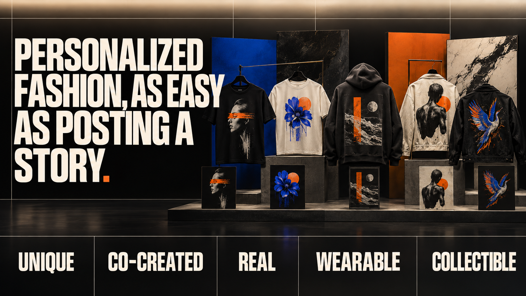 Personalized fashion, as easy as posting a story. Unique, co-created, real, wearable, collectible.