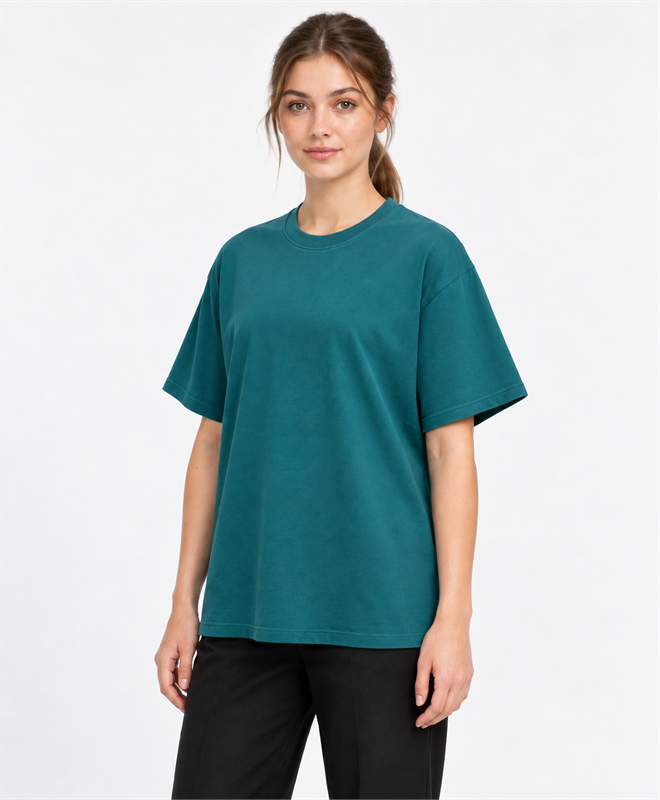 YELSOO Essential Crewneck Tee — Transformative Teal — women's model, three-quarter view