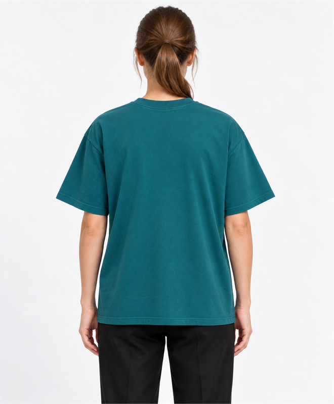 YELSOO Essential Crewneck Tee — Transformative Teal — women's model, back view