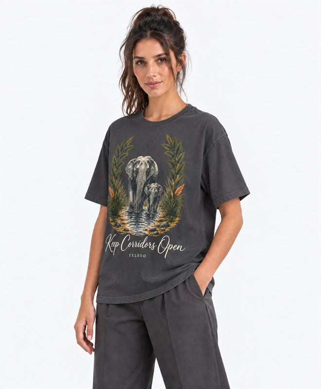 YELSOO men's Big & Tall Keep Corridors Open Asian Elephant Graphic Tee in Charcoal Gray — three-quarter model view