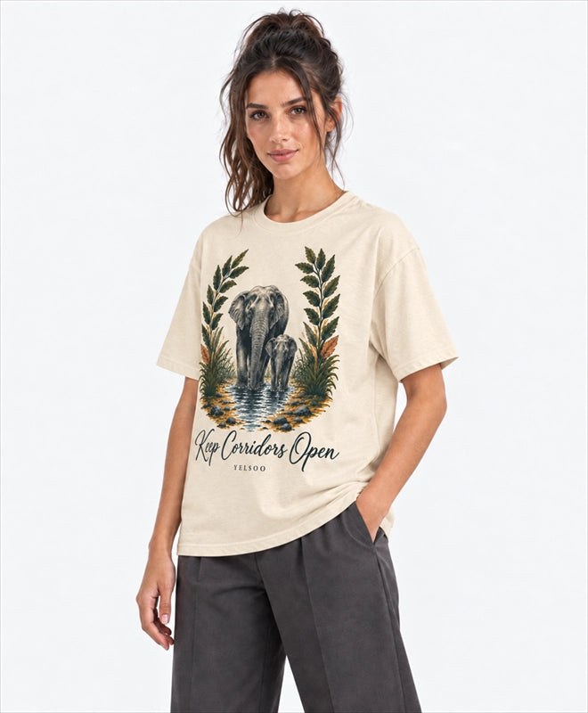 YELSOO men's Big & Tall Keep Corridors Open Asian Elephant Graphic Tee in Sand — three-quarter model view
