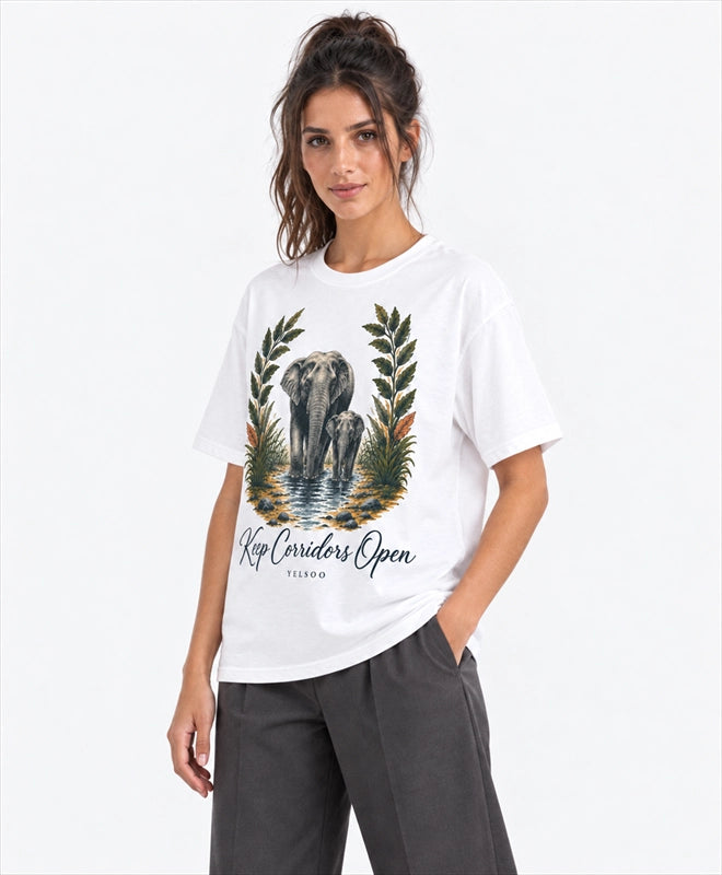 YELSOO men's Big & Tall Keep Corridors Open Asian Elephant Graphic Tee in White — three-quarter model view
