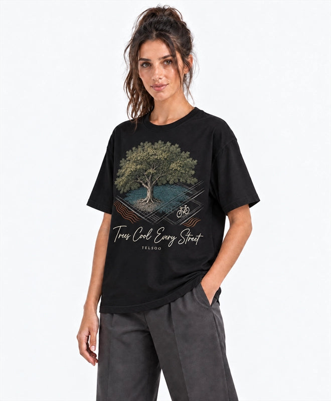 YELSOO men's Big & Tall Trees Cool Every Street Graphic Tee in Black — three-quarter model view