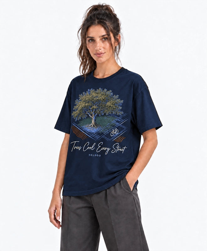 YELSOO men's Big & Tall Trees Cool Every Street Graphic Tee in Navy — three-quarter model view