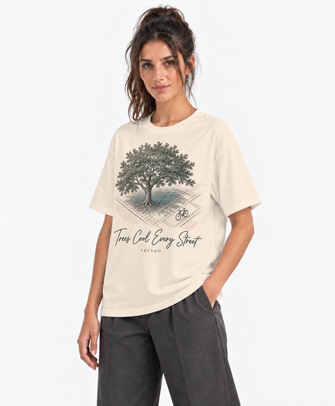 YELSOO men's Big & Tall Trees Cool Every Street Graphic Tee in Sand — three-quarter model view