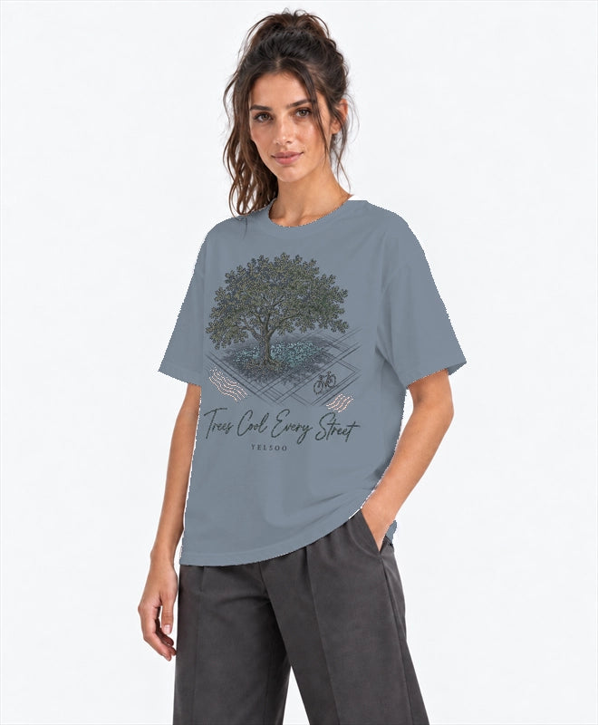 YELSOO men's Big & Tall Trees Cool Every Street Graphic Tee in Slate Blue — three-quarter model view