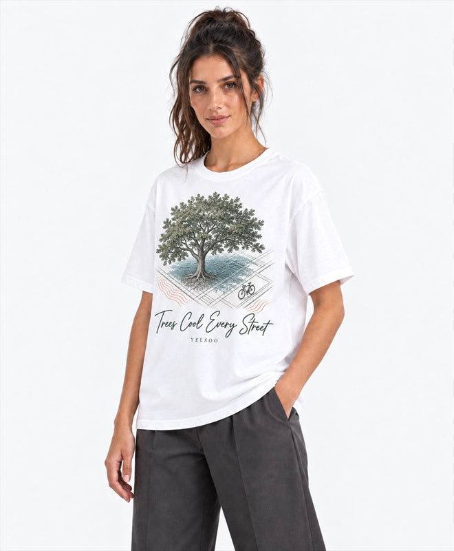 YELSOO men's Big & Tall Trees Cool Every Street Graphic Tee in White — three-quarter model view