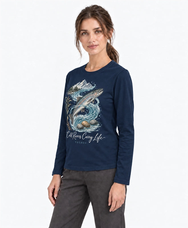 YELSOO men's Cold Rivers Carry Life Atlantic Salmon Long Sleeve Fishing Shirt in Navy — three-quarter model view