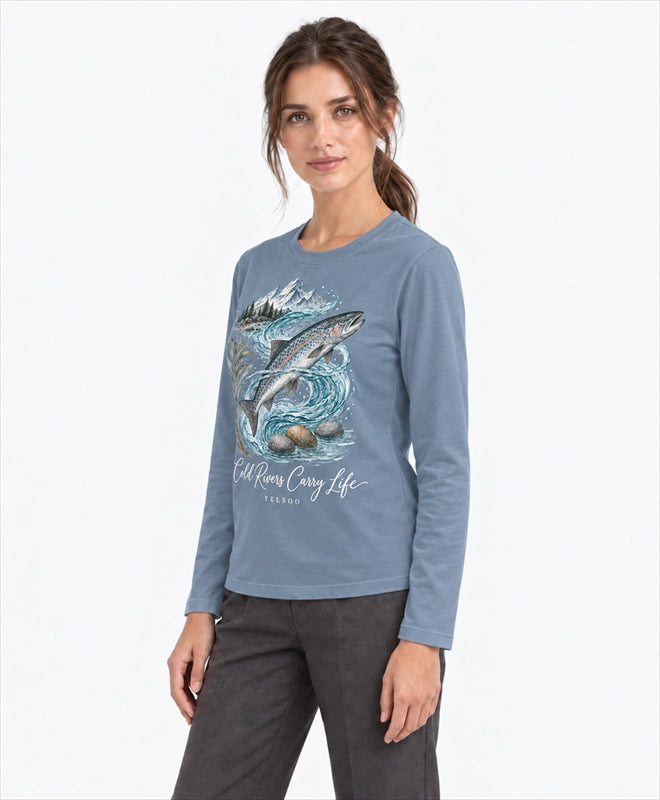 YELSOO men's Cold Rivers Carry Life Atlantic Salmon Long Sleeve Fishing Shirt in Slate Blue — three-quarter model view