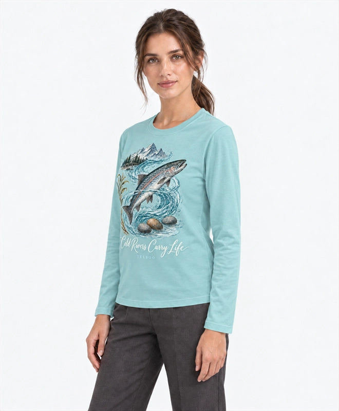 YELSOO men's Cold Rivers Carry Life Atlantic Salmon Long Sleeve Fishing Shirt in Soft Teal — three-quarter model view