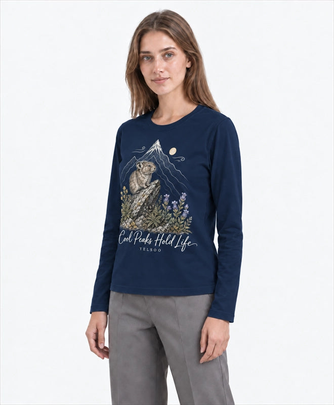 YELSOO men's Cool Peaks Hold Life Alpine Pika Long Sleeve Fishing Shirt in Navy — three-quarter model view