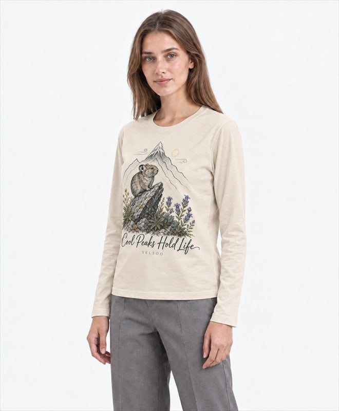 YELSOO men's Cool Peaks Hold Life Alpine Pika Long Sleeve Fishing Shirt in Sand — three-quarter model view