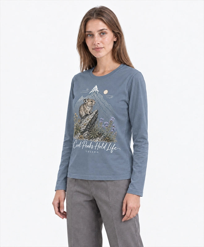 YELSOO men's Cool Peaks Hold Life Alpine Pika Long Sleeve Fishing Shirt in Slate Blue — three-quarter model view