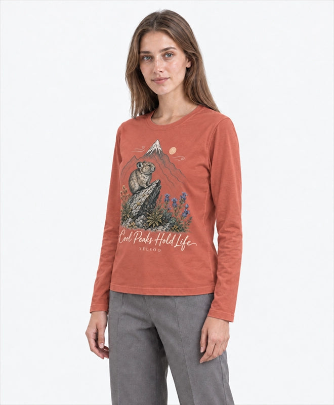 YELSOO men's Cool Peaks Hold Life Alpine Pika Long Sleeve Fishing Shirt in Terracotta — three-quarter model view