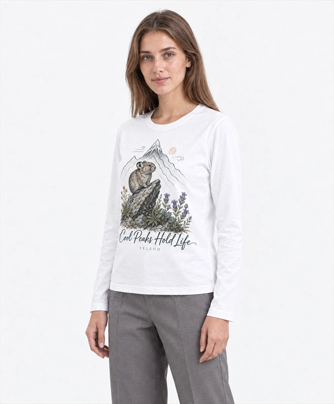 YELSOO men's Cool Peaks Hold Life Alpine Pika Long Sleeve Fishing Shirt in White — three-quarter model view