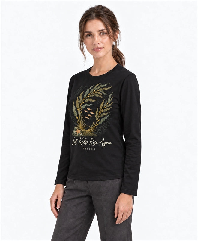 YELSOO men's Let Kelp Rise Again Kelp Forest Long Sleeve Fishing Shirt in Black — three-quarter model view
