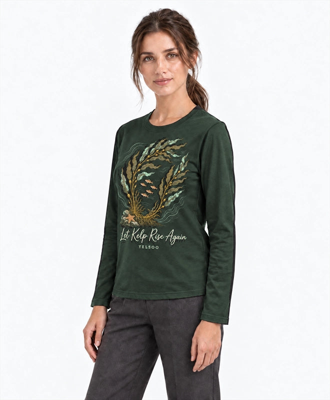 YELSOO men's Let Kelp Rise Again Kelp Forest Long Sleeve Fishing Shirt in Forest Green — three-quarter model view