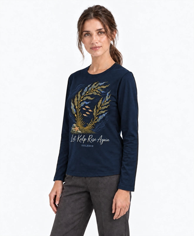YELSOO men's Let Kelp Rise Again Kelp Forest Long Sleeve Fishing Shirt in Navy — three-quarter model view