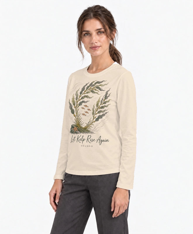 YELSOO men's Let Kelp Rise Again Kelp Forest Long Sleeve Fishing Shirt in Sand — three-quarter model view