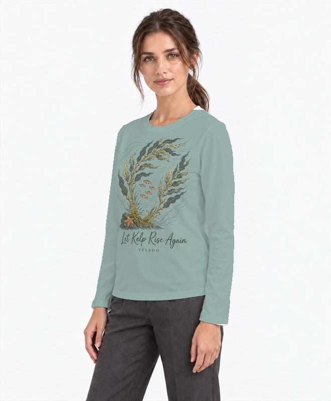 YELSOO men's Let Kelp Rise Again Kelp Forest Long Sleeve Fishing Shirt in Soft Teal — three-quarter model view