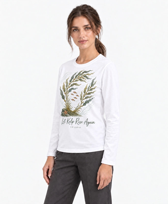 YELSOO men's Let Kelp Rise Again Kelp Forest Long Sleeve Fishing Shirt in White — three-quarter model view