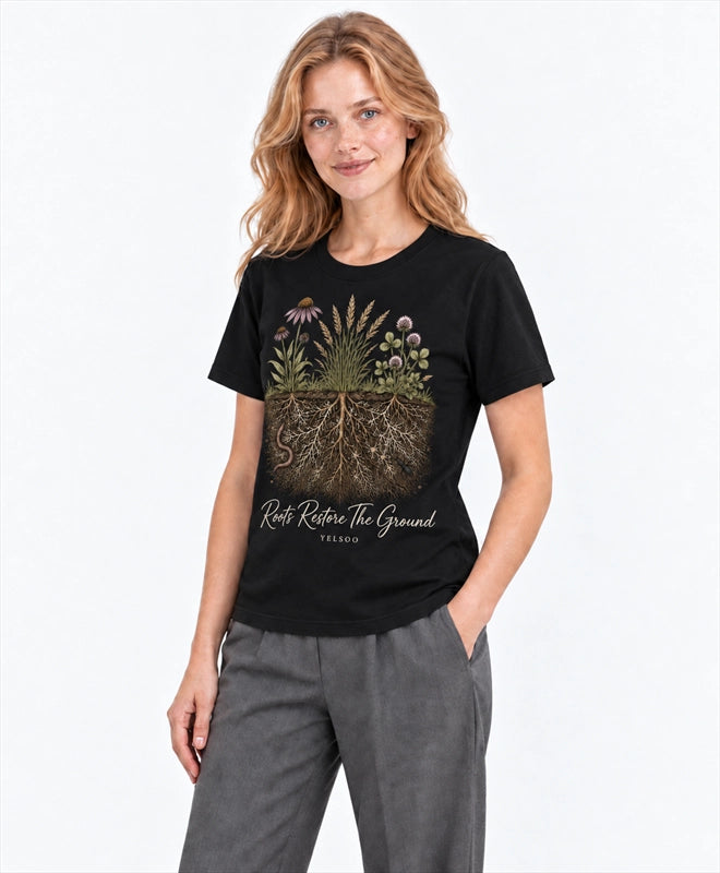 YELSOO men's Roots Restore the Ground Graphic Tee in Black — three-quarter model view