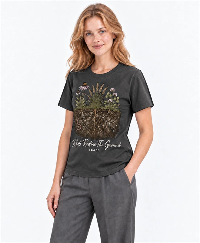YELSOO men's Roots Restore the Ground Graphic Tee in Charcoal Gray — three-quarter model view