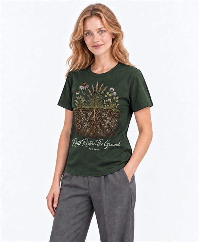 YELSOO men's Roots Restore the Ground Graphic Tee in Forest Green — three-quarter model view