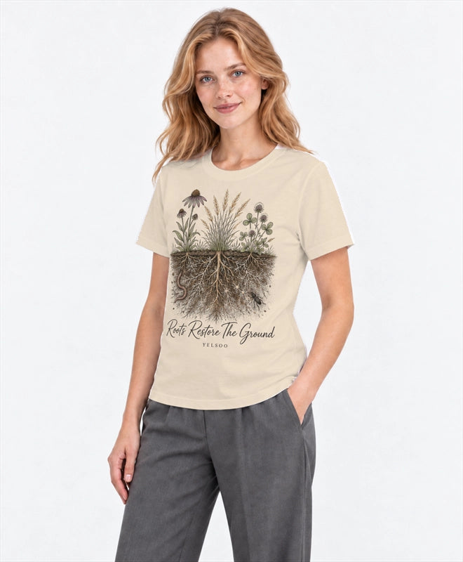 YELSOO men's Roots Restore the Ground Graphic Tee in Sand — three-quarter model view