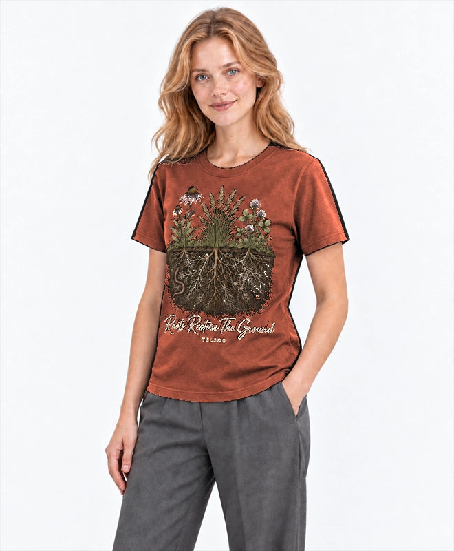 YELSOO men's Roots Restore the Ground Graphic Tee in Terracotta — three-quarter model view