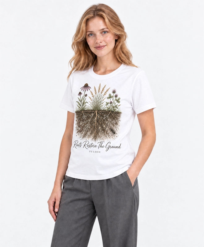YELSOO men's Roots Restore the Ground Graphic Tee in White — three-quarter model view