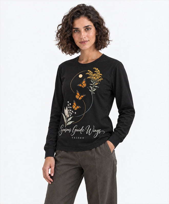 YELSOO men's Seasons Guide Wings Monarch Butterfly Long Sleeve Fishing Shirt in Black — three-quarter model view