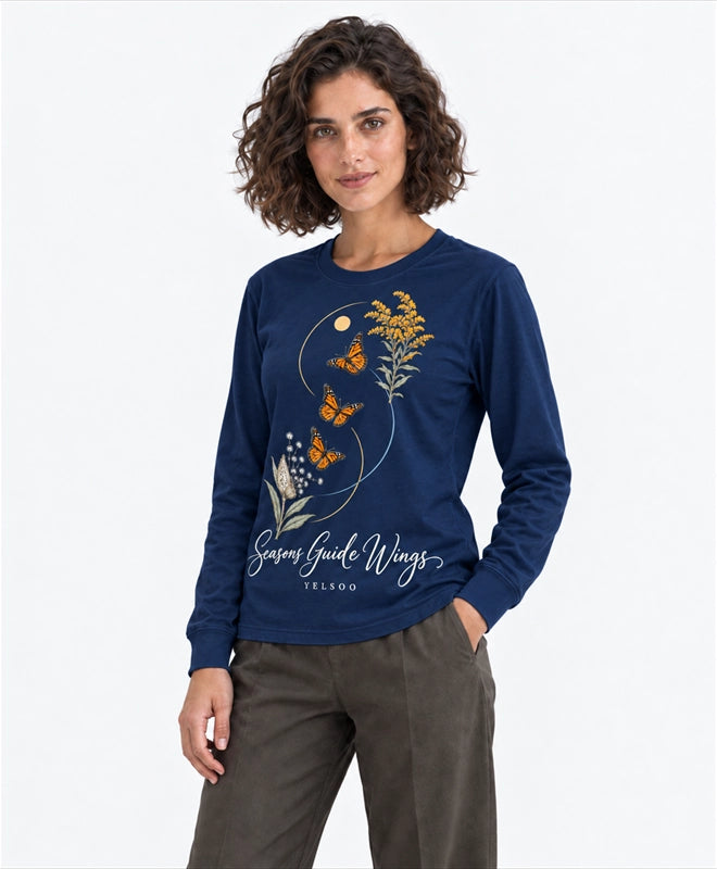 YELSOO men's Seasons Guide Wings Monarch Butterfly Long Sleeve Fishing Shirt in Navy — three-quarter model view