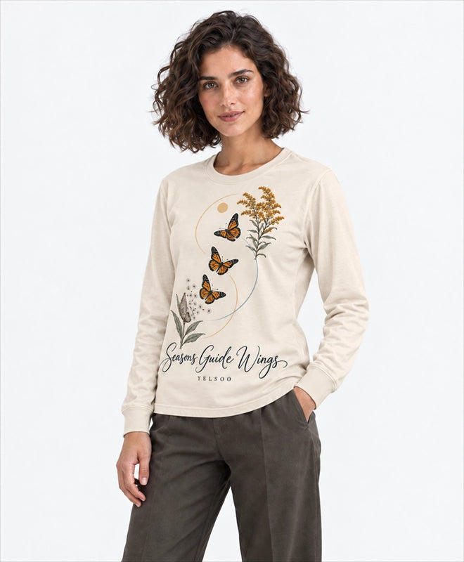 YELSOO men's Seasons Guide Wings Monarch Butterfly Long Sleeve Fishing Shirt in Sand — three-quarter model view