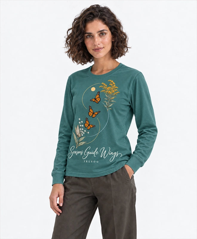 YELSOO men's Seasons Guide Wings Monarch Butterfly Long Sleeve Fishing Shirt in Soft Teal — three-quarter model view