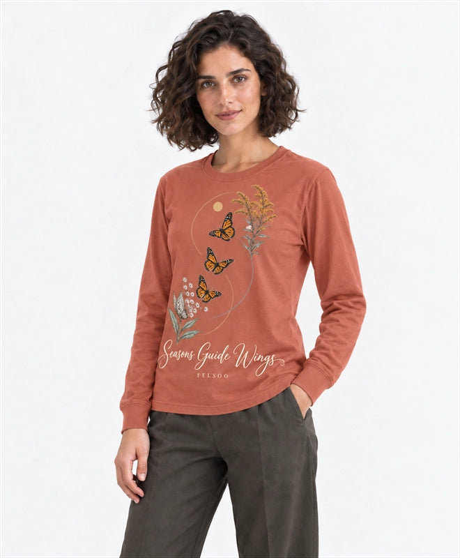 YELSOO men's Seasons Guide Wings Monarch Butterfly Long Sleeve Fishing Shirt in Terracotta — three-quarter model view